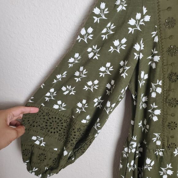 BODEN Olive Green Floral Babydoll Dress NWT Sz 10R Boho Prairie Whimsical - Picture 4 of 11